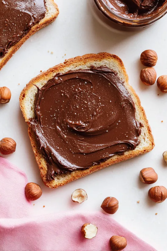 A slice of bread with Nutella on it.