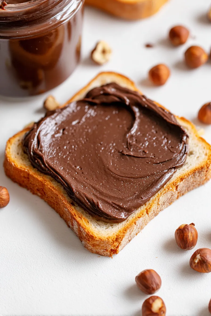 A slice of bread with Nutella on it.