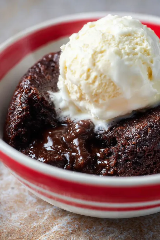 A bowl of chocolate cake with a scoop of ice cream on top.