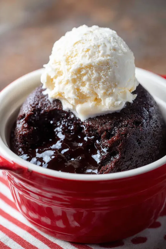 A chocolate cake with a scoop of ice cream on top.