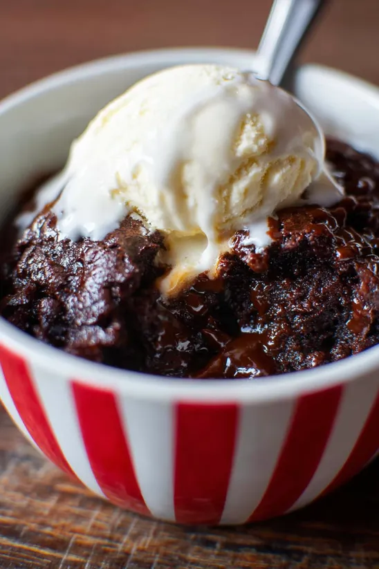 A close up of a chocolate cake with a scoop of ice cream on top.