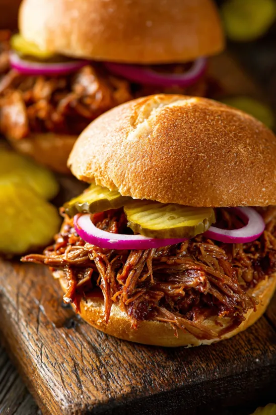 A sandwich with pulled pork and pickles.