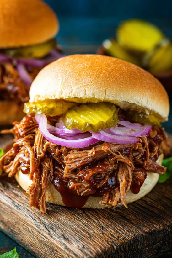 A close up of a pulled pork sandwich.
