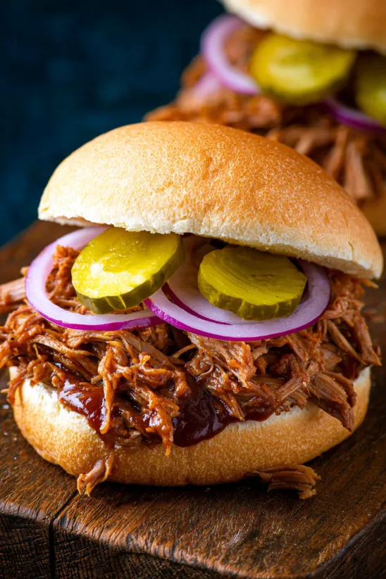 A sandwich with a slice of pickle and onion on top.