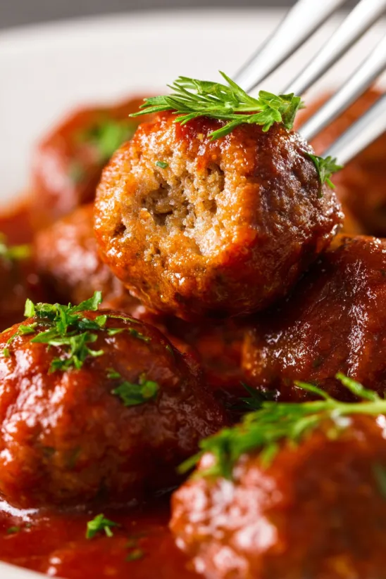 A close up of meatballs in a sauce.