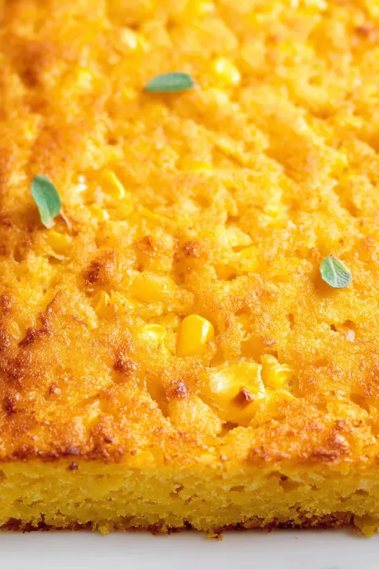 A close up of a corn casserole with a green leaf on top.