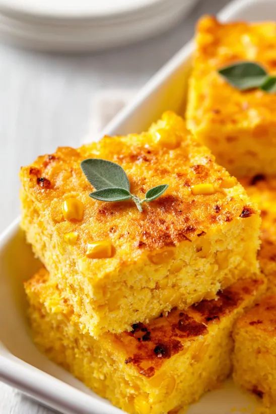 A white plate with a piece of corn casserole on it.