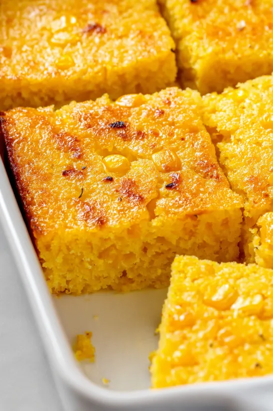 A plate of corn casserole with a slice missing.