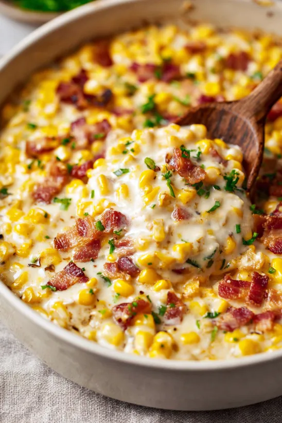 A bowl of creamed corn with bacon bits.