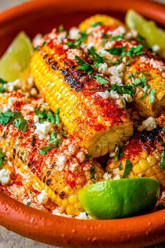 A bowl of Mexican street corn salad with lime wedges.