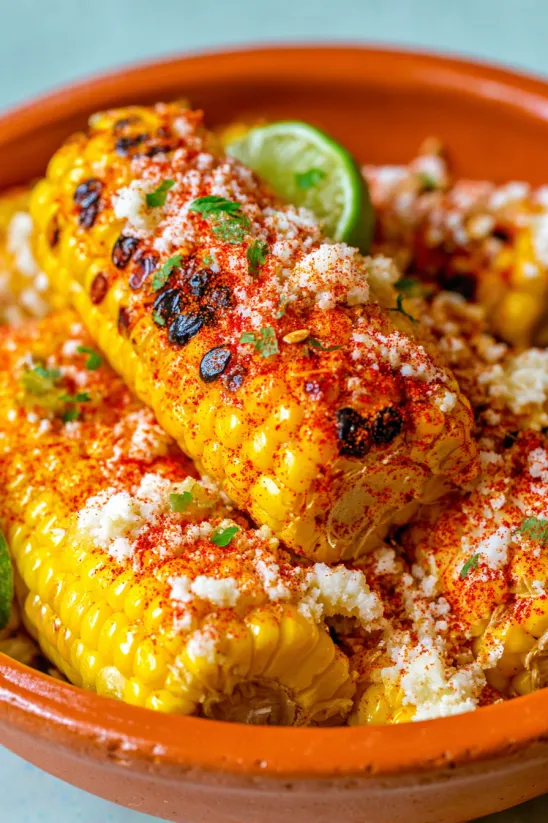 A close up of a corn on the cob with cheese and chili powder.