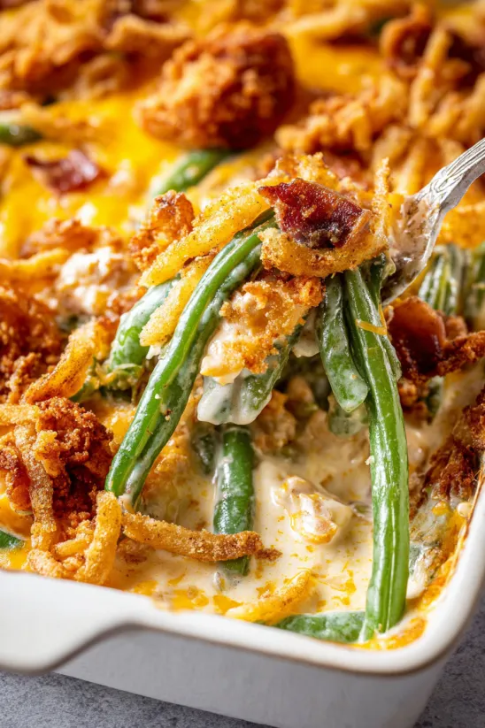 A close up of a fork in a cheesy green bean casserole.