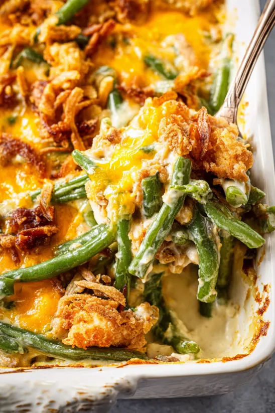 A close up of a cheesy green bean casserole.
