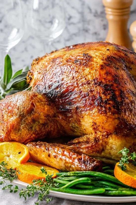 A roasted turkey with a slice of orange on the side.