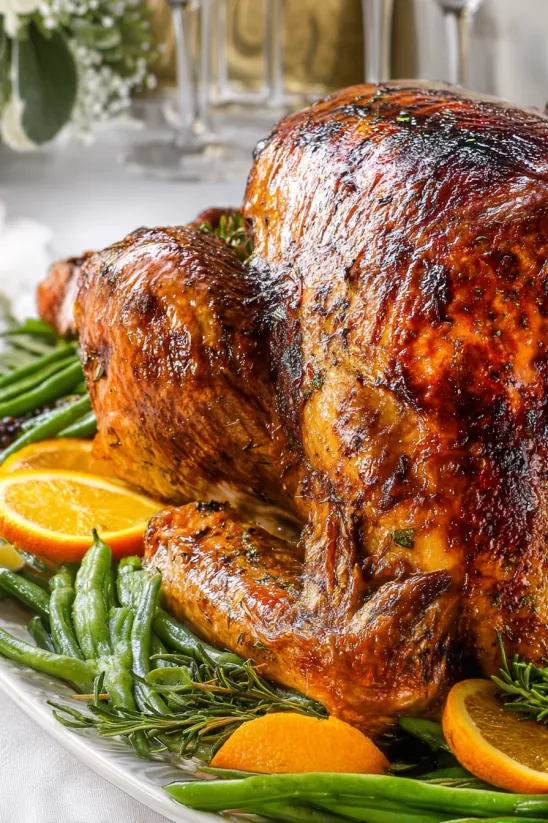 A roasted chicken with green beans and an orange.