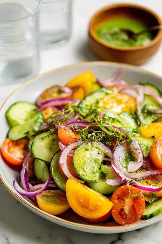 A bowl of cucumber tomato salad.