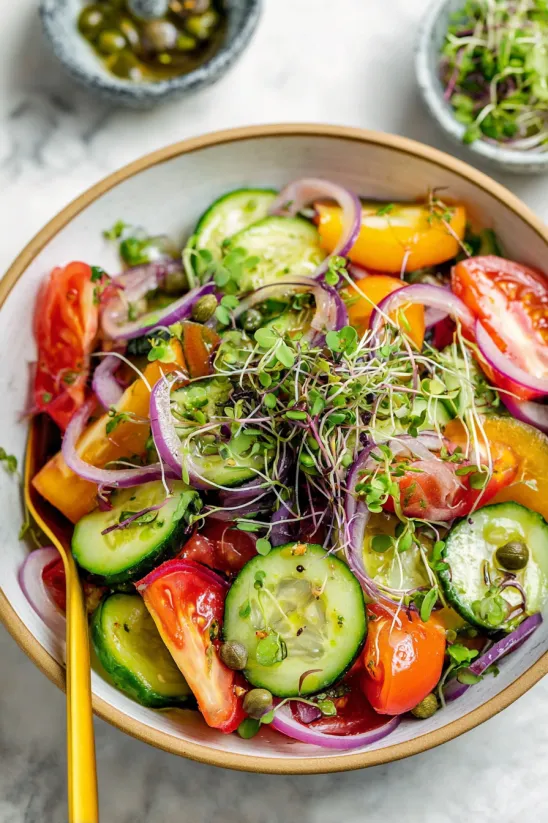 A bowl of cucumber tomato salad.