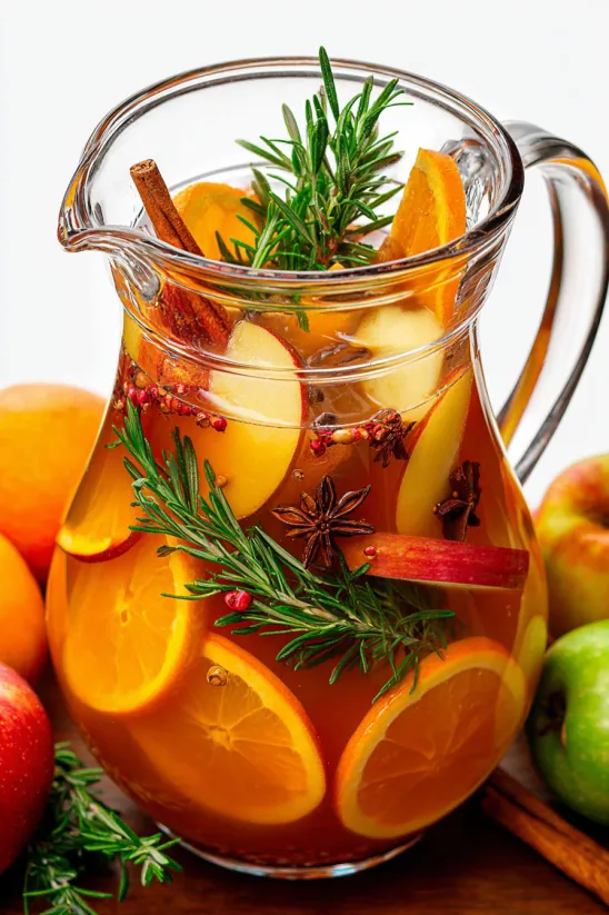 A glass of apple cider punch with a slice of orange.