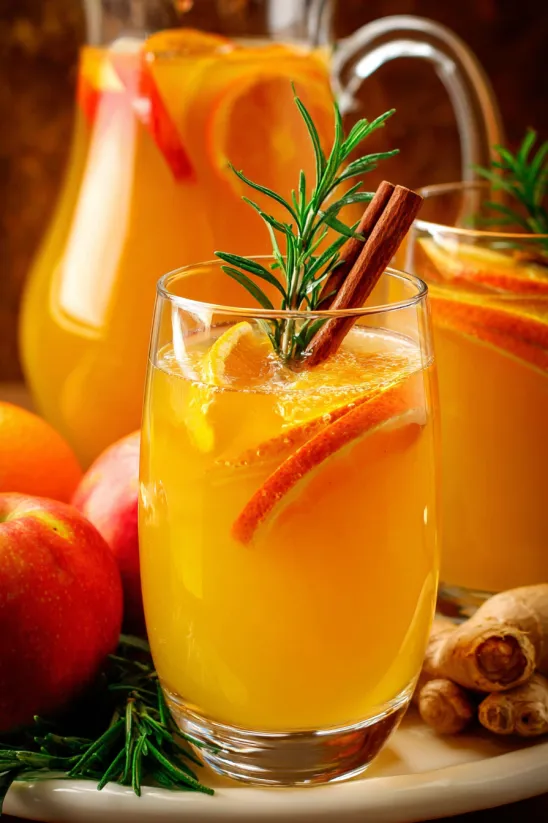 A glass of apple cider punch with a cinnamon stick in it.