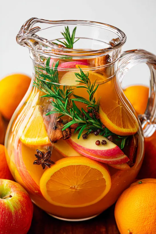 A pitcher of apple cider punch with a slice of orange and a sprig of rosemary.