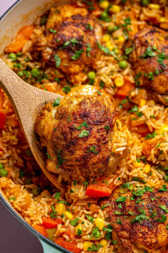 A wooden spoon is in a bowl of rice and chicken.