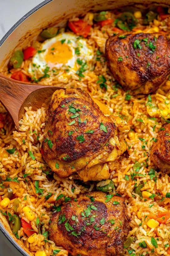 A plate of rice and chicken.