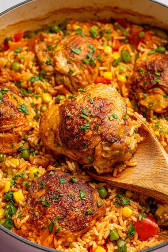 A plate of rice and chicken.