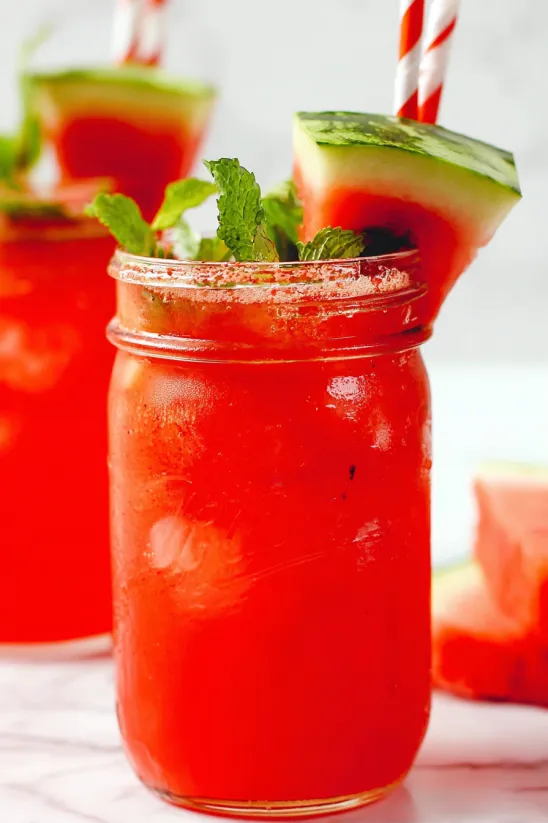 A glass of watermelon agua fresca.
