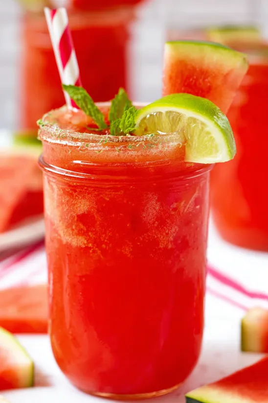 A glass of watermelon agua fresca.