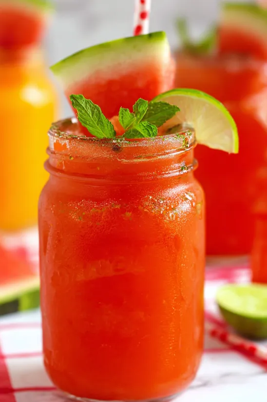 A glass of watermelon agua fresca.