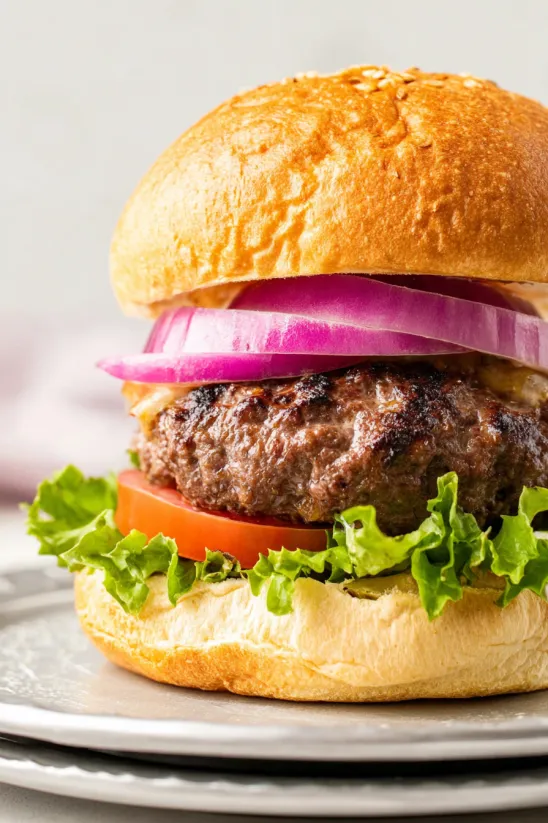 A cheese-stuffed air fryer burger with tomatoes and onions.