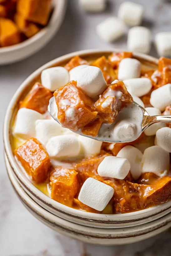 A bowl of sweet potatoes with marshmallows on top.