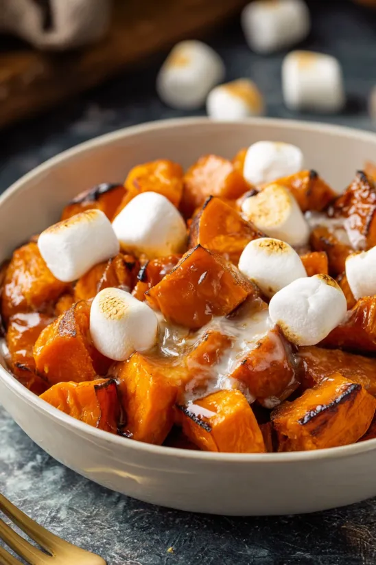 A bowl of sweet potatoes with marshmallows on top.
