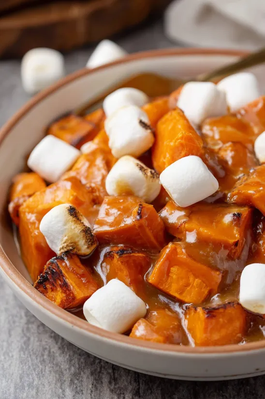 A bowl of sweet potatoes with marshmallows on top.