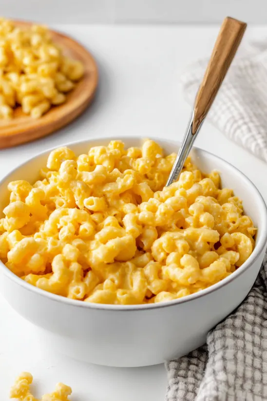 A bowl of macaroni salad with a spoon in it.