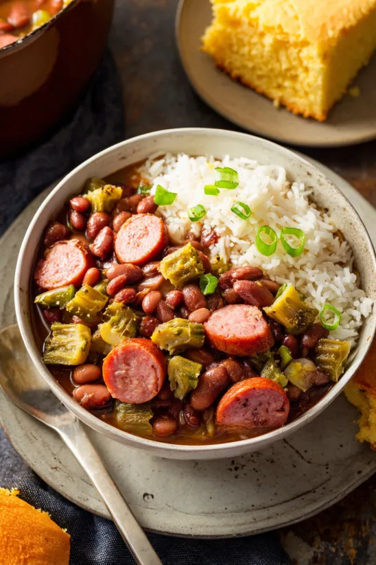 A bowl of red beans and rice with sausage and rice.