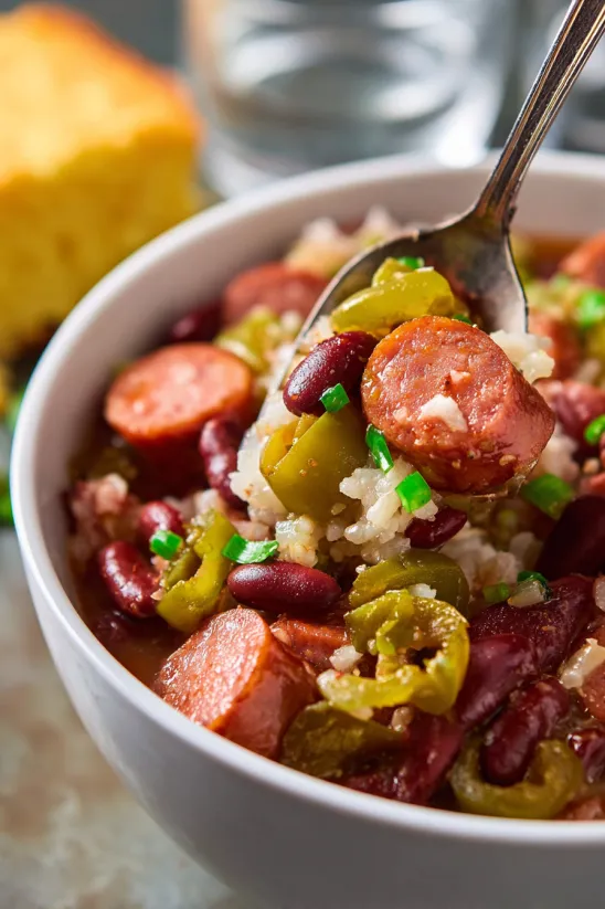 A bowl of red beans and rice with a spoon in it.