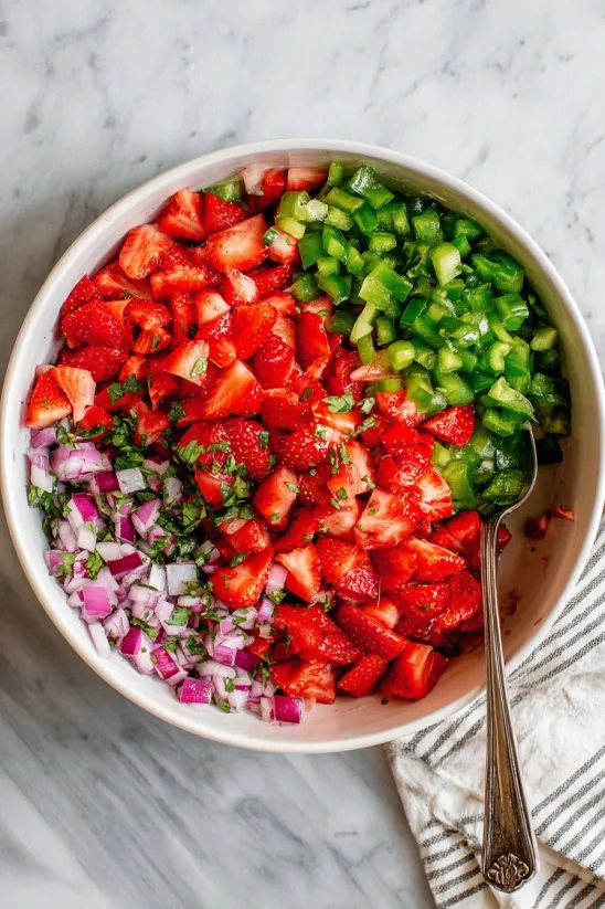 A bowl of strawberry watermelon salsa.