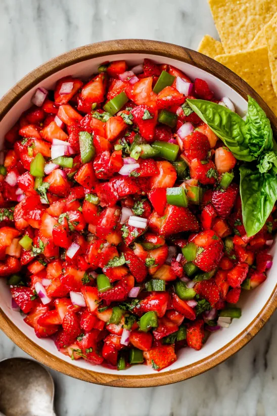 A bowl of strawberry watermelon salsa.
