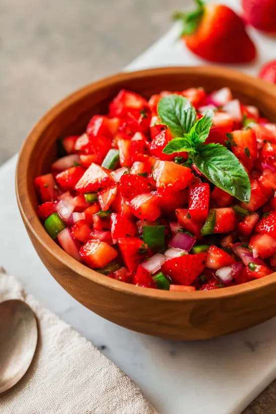 A bowl of strawberry watermelon salsa.