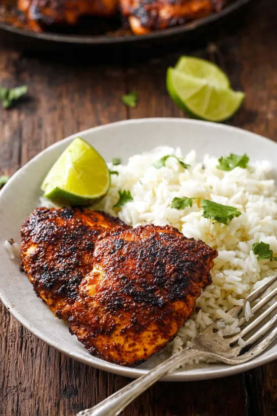 A plate of Pollo Asado with rice and lime.