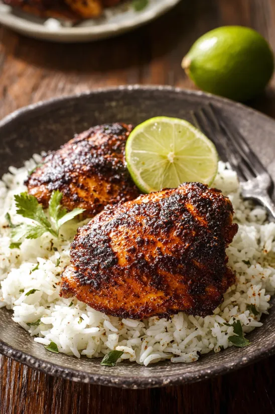 A plate of Pollo Asado with rice and lime.