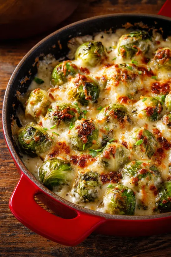 A close up of a cheesy brussel sprout casserole.