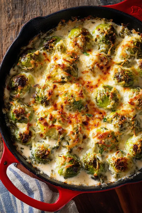 A close up of a cheesy brussel sprout casserole.