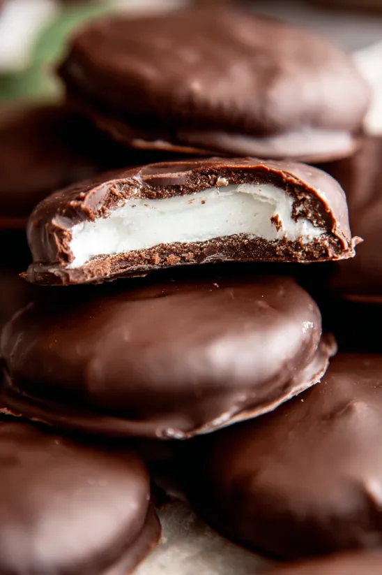 A stack of chocolate peppermint patties.