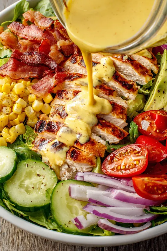 A salad with grilled chicken, tomatoes, cucumbers, and onions.