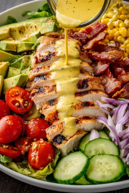 A grilled chicken salad with honey mustard dressing.