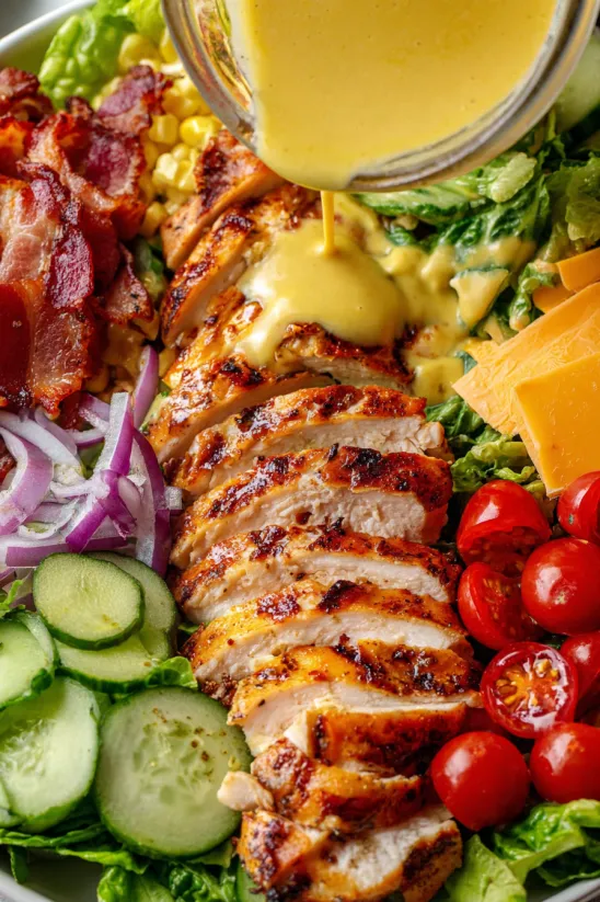 A grilled chicken salad with honey mustard dressing.