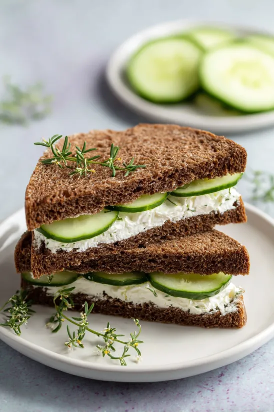A cucumber sandwich on a white plate.