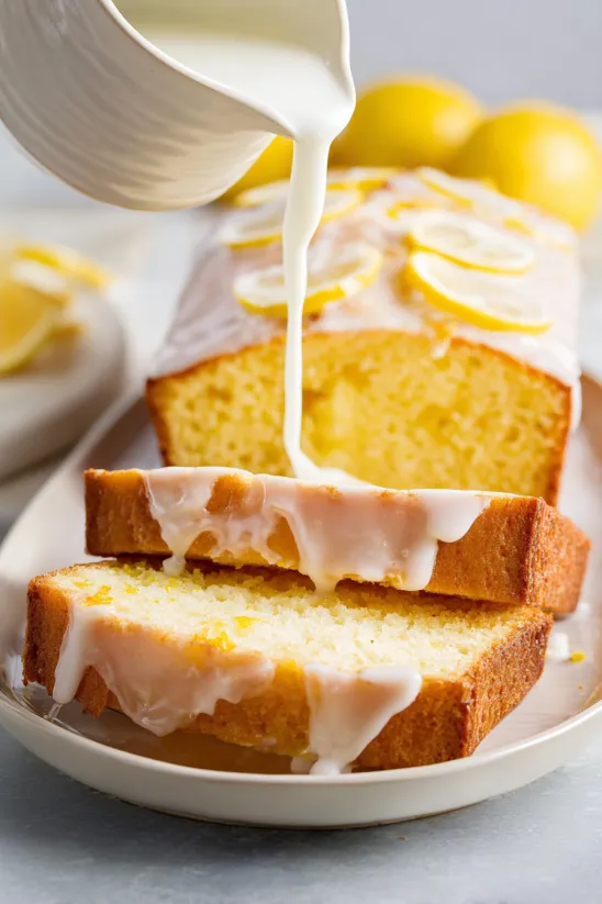 A slice of glazed lemon bread.